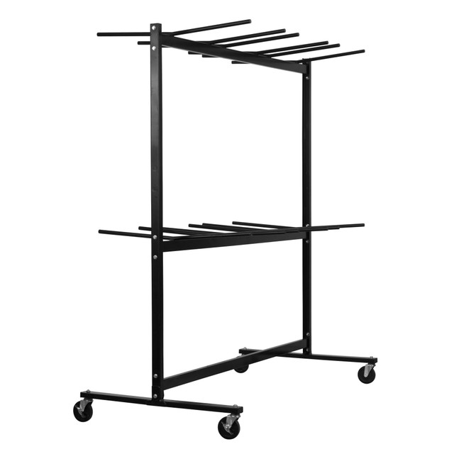 Make it easy to move seating from 1 space to another with this folding chair cart. The chair cart features angled arms to let you hang up to 84 standard-size folding chairs on its 2 tiers.  Powder-coated steel body for heavy-duty strength.  2 tiers to hold up to 84 standard-size folding chairs.  4in, thermoplastic rubber wheels swivel and lock to get the utility cart where it needs to be.  Angled arms help keep chairs secure during movement.  Weight capacity tested to support 1,000 lb.  Assembly required.  Backed by the manufacturers 1-year limited warranty.  This product is heavy and/or oversized and may need more than one person to handle.