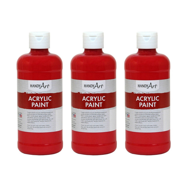 Decorate walls, canvases, mirrors and other surfaces with bright, vivid color using Handy Art Acrylic Paint. The water-based acrylic paint dries with a semi-gloss finish for an attractive appearance.  16 oz bottles are ideal for classroom and hobby use.  Water-based formula creates rich and durable colors.  Colors are water-resistant and have a flexible semi-gloss finish once dried.  Compatible with paper, fabric, wood, plastic, glass, cardboard, metal and canvas surfaces.  Non-toxic and AP certified formula.  Brite red color.