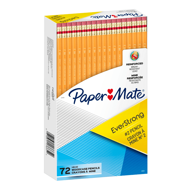 Have a habit of snapping the lead off of pencils? Paper Mate has a solution for that. Even with heavy handwriting pressure and the stress of over-sharpening, these Paper Mate Everstrong pencils resist lead breakage due to their reinforced core - and they still erase cleanly.  Reinforced graphite core withstands heavy handwriting pressure and helps prevent over-sharpening.  Equipped with a 100% latex-free eraser. Erases cleanly for stress-free writing.  Each box includes 72 unsharpened pencils.  Reinforced graphite core withstands heavy handwriting pressure and helps prevent over-sharpening.