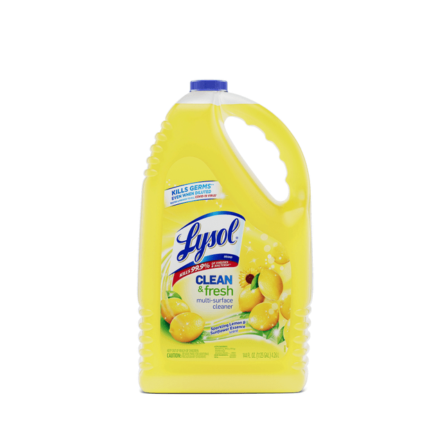 Lysol Clean/Fresh Surface Cleaner is designed for hard, nonporous surfaces in the kitchen and bathroom. Its powerful, versatile formula can be applied directly on stains for spot cleaning, or diluted in water for use on large surfaces.  Keep a healthier environment from top to bottom with this multi-surface cleaner.  Kills 99.9% of germs on hard, nonporous surfaces, removes soap scum, cuts grease and deodorizes. Disinfects when in dilution.  Leaves behind a fresh Sparkling Lemon & Sunflower Essence scent.