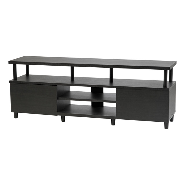 This large TV stand provides an attractive base and storage space for your TV setup. With multiple open and closed shelves, you will have plenty of space for game consoles, DVDs, media players and much more.  Compatible with most TVs up to 70in.  Open shelves and closed shelves provide plenty of storage for media, game consoles, cable boxes and more.  MDF construction provides stability and the lovely finish adds a handsome look.  Cable management holes help to reduce cord clutter.  Assembly required.  This product is heavy and/or oversized and may need more than one person to handle.