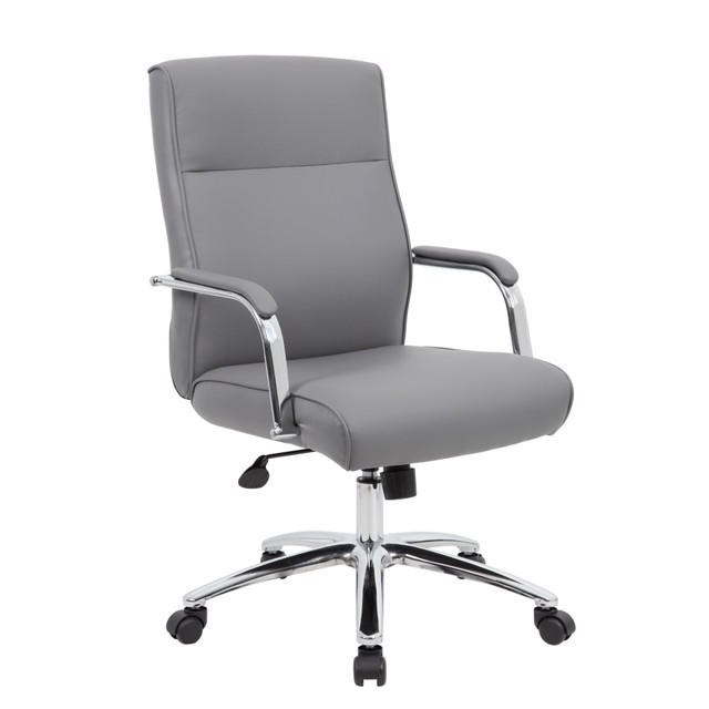 Staying focused and productive during extended hours at the office can be difficult, but this high-back chair offers the cushioned comfort you need to stay fresh and work efficiently. The multiple adjustments help you find just the right position while sitting at your desk. Upholstered with CaressoftPlus vinyl, an ultra-soft, breathable material that looks and feels like leather, it is durable and easy to clean.  Built in lumbar support.  Adjustable tilt tension control.  Upright locking position.  Pneumatic gas lift seat height adjustment.  CaressoftPlus vinyl upholstery.  Padded armrests.  Chrome finished arms and base.  Large 27in base for greater stability.  Hooded double wheel casters.  Assembly required.  Tested to meet ANSI/BIFMA Performance Standards - Manufacturer testing has been conducted on this product to meet specific performance requirements and safety standards set forth by the American National Standards Institute (ANSI) and the Business and Institutional Furniture Manufacturers.