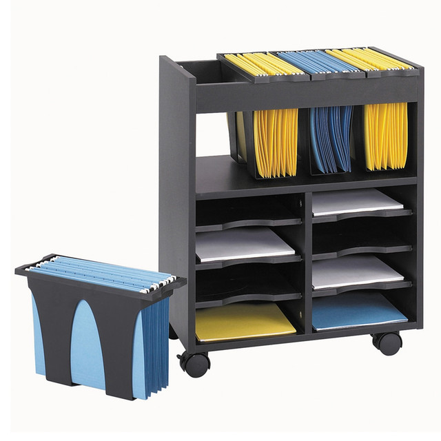 Boost productivity and keep your office running efficiently with the Safco Go Cart. Equipped with pullout shelving and hanging-file tubs, this rolling cart helps make accessing and transporting files between offices a breeze.  Safco Go Cart in black features 4 removable plastic tubs, each measuring 5in wide. Each tub holds letter-size hanging files.  6 pullout shelves form up to 8 compartments for flat literature storage. Each shelf on the black Safco Go Cart measures 9 5/8inW x 11 5/8inD.  4 smooth-rolling casters (2 locking) provide easy mobility.  Assembly is required.