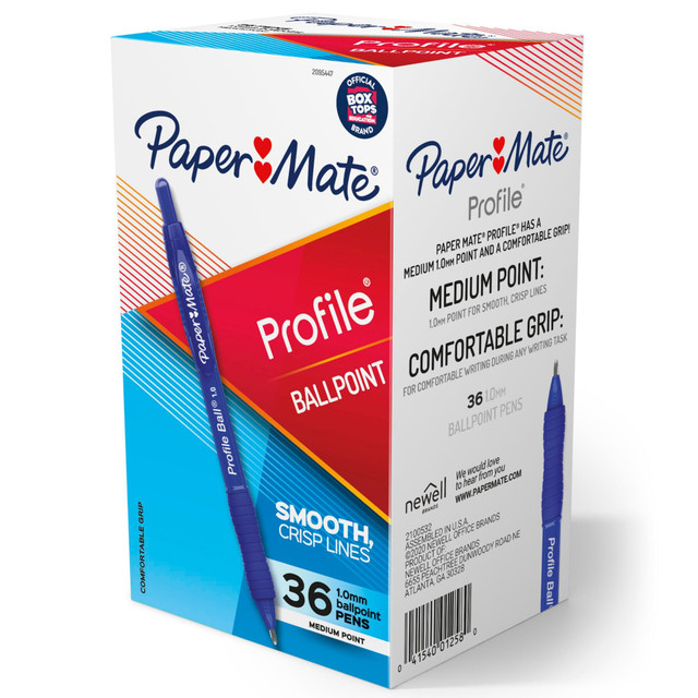 Get a pen for everyday use. These Paper Mate ballpoint pens are a great choice for homework, note-taking or general office work.  Ideal for everyday writing tasks, like taking notes, doing homework and more.  Comfortable to hold for extended periods of writing.  Ballpoint pens that produce smooth, crisp lines  Soft comfort grip provides an easy writing experience  Retractable tip  1.0mm medium point  Includes: 36 blue pens  ACMI Certified AP Nontoxic. For detailed information see www.acmiart.org.  Less harsh chemicals - made with fewer harsh chemicals, or safer chemicals than typical alternatives, helping  reduce your use of and exposure to substances that may be more harmful to your health and the environment.
