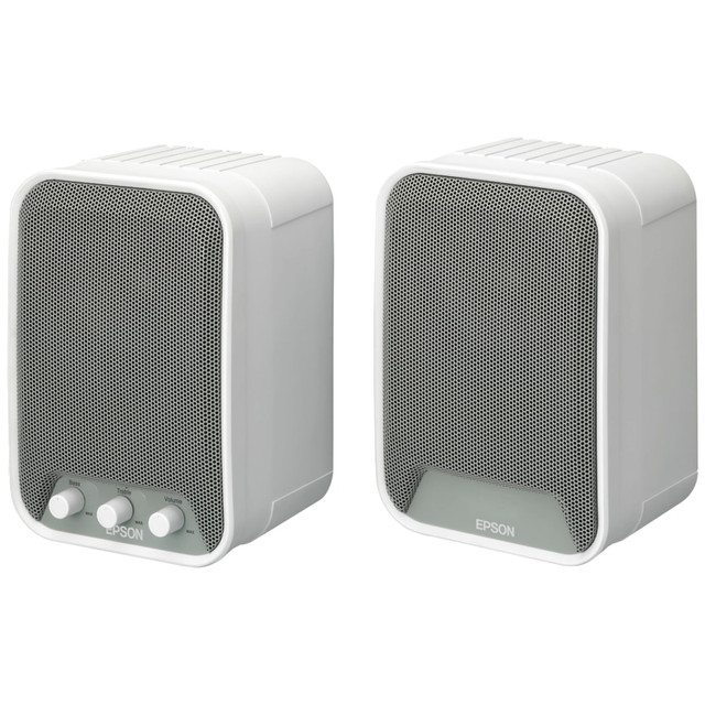 This Epson 2.0 speaker system is ideal for active classrooms. The built-in amplifiers help to ensure that all of your students can hear your lesson, and they can be easily mounted on the wall for complete classroom coverage.  Speaker set produces 30W of powerful sound.  Active speakers with built-in amplifiers to all students in your classroom to clearly hear your lesson, enhancing the learning experience.  The speakers can be easily mounted on the wall and can be used with any Epson projector with or without the PowerLite Pilot.  White Epson 30W RMS speaker system.