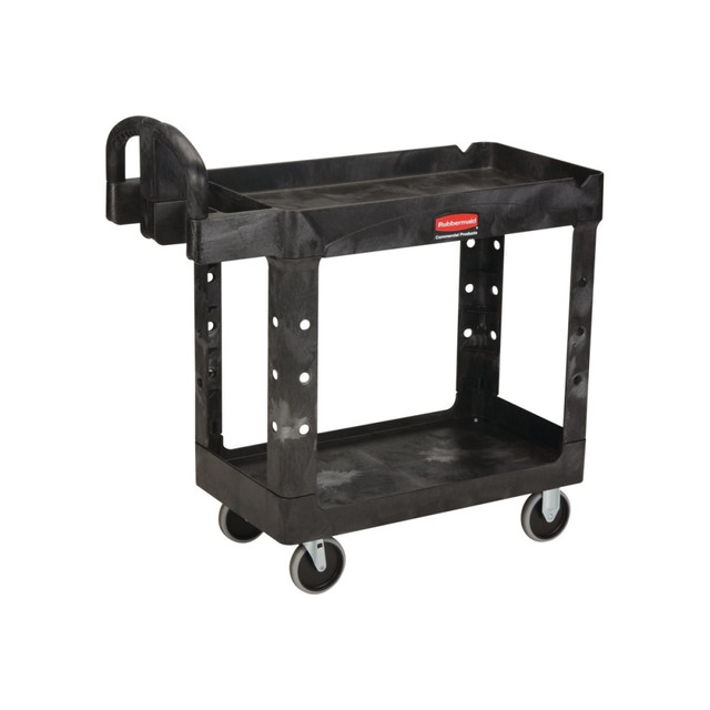 Includes molded-in storage compartments, holsters, hooks and notches  Bottom shelf is lipped to secure contents  Offers high-density, structural construction with rounded corners  Grip-height handle increases control and safety  Nonmarking rubber casters, including 2 that swivel