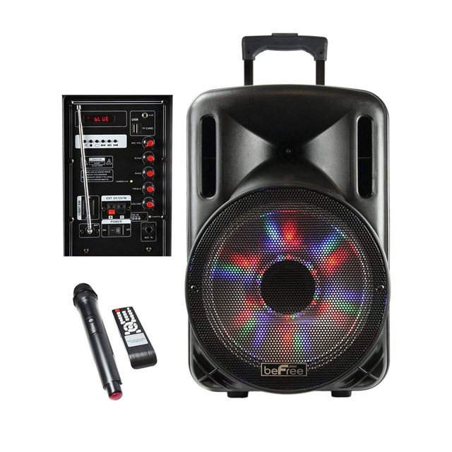 Become the life of the party when you bring along the BeFree Sound 2500W Bluetooth Portable Party PA Speaker. Plug in the included microphone and start karaoke mode for an instant mood boost.  2500W of power creates powerful sound.  Bluetooth-enabled speaker connects to your phone or tablet.  USB input allows you to listen to devices without wireless connectivity.  Secure Digital card input for file transfers.  Microphone and guitar jacks available for amplifying your own sound.  Illuminating lights set the party mood.  Handle bar and wheels offer easy transport.  Includes a remote control and a microphone.  Rechargeable battery offers between 6-8 hours of playback.  Backed by the manufacturers 90-day limited warranty.