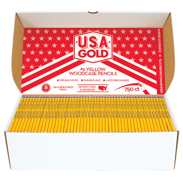 Equip your classroom or household with Cra-Z-Art U.S.A. Gold Pencils for durable use. These wooden pencils feature #2 lead with a strong graphite core formula for even sharpening.  Made from durable wood to resist breakage.  Pre-sharpened for immediate use.  Graphite core formula provides even sharpening.  Each pencil includes a latex-free eraser.