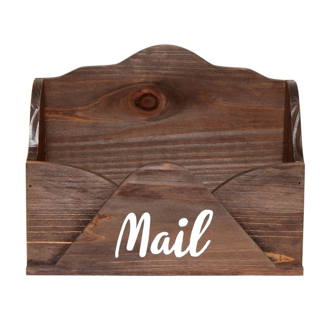 Keep your desktop clutter-free with help from the Elegant Designs Homewood Wooden Decorative Envelope-Shaped Desktop Letter Holder. This durable wooden holder boasts an open top for easy insertion of bills, folders, documents and letters.  Made from 100% wood.  Envelope-shaped frame boasts the word "Mail" printed in script and centered across the front panel.  Open slot holds papers, letters, envelopes and folders.  Weight capacity tested to support 6.6 lb.  Save time - no assembly required.
