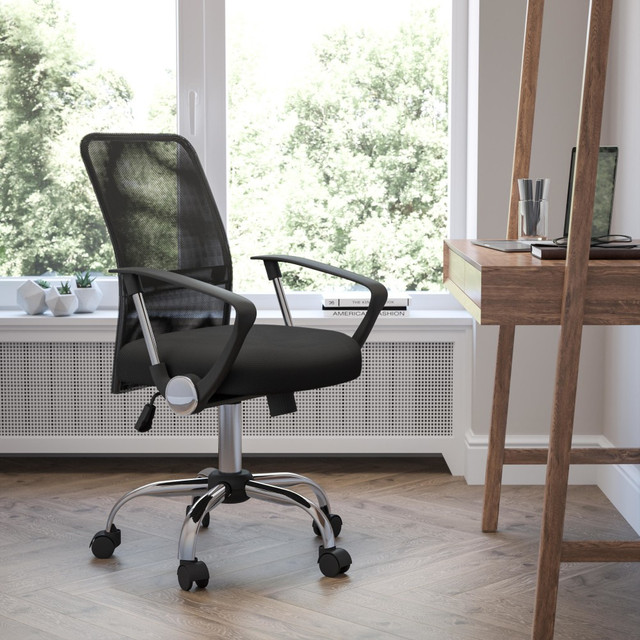 Revamp your office space with a ventilated mesh office chair that will make a great addition in modern and industrial spaces.  Contemporary Task Office Chair  Mid-Back Design  Flexible Mesh Back  Built-In Lumbar Support Band  Tilt Lock Mechanism rocks/tilts the chair and locks in an upright position  Tilt Tension Adjustment Knob adjusts the chairs backward tilt resistance  Padded Upholstered Seat  CA117 Fire Retardant Foam  Swivel Seat  Pneumatic Seat Height Adjustment  Nylon Arms  Heavy Duty Chrome Base  Dual Wheel Casters  Tested to meet ANSI/BIFMA Performance Standards - Manufacturer testing has been conducted on this product to meet specific performance requirements and safety standards set forth by the American National Standards Institute (ANSI) and the Business and Institutional Furniture Manufacturers.