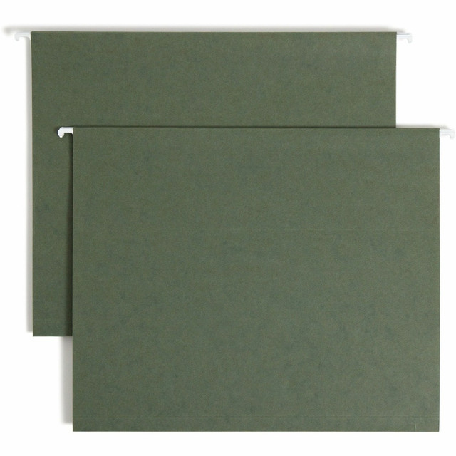 Great for catalogs, telephone books and manuals, these Smead Box-Bottom Hanging File Folders are tough enough to hold your bulkiest files. The reinforcement strip helps keep the box file upright and guards against bulging, so you can neatly store reference materials.  Reinforced design stays upright.  Resists bulging.  This letter-size, 8 1/2in x 11in folder has a 1in expansion.  These standard green hanging folders come in a box of 25.