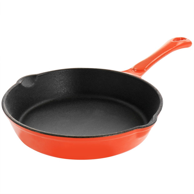 Make stir fry, eggs and more with help from this MegaChef Enamel Round Preseasoned Cast Iron Frying Pan. The pan is made of durable cast iron and offers a protective enamel coating.  Preseasoned cast iron construction with an enamel outer coating for lasting strength.  Side pour spouts to remove grease.  Enamel handle and a smooth handling surface to allow simple control.  Oven safe up to 500 deg.F.  Hold on the handle for hanging.  Hand wash only.