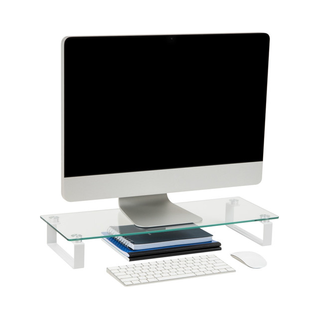 Elevate Your Comfort with a Clear Glass Monitor Stand. Enhance your workspace with this versatile clear glass monitor stand, designed to fit most flat-screen monitors, laptops, printers, and televisions. By elevating your electronics for comfortable viewing, this monitor stand helps alleviate eye strain, neck pain, and backaches, making it perfect for long days at the computer.  Sleek and contemporary design: The clear glass monitor stand adds a modern touch to your workspace and effortlessly blends with any decor style  Maximize desk space: With the storage space underneath the stand, you can keep your office supplies and other essentials organized and within reach, reducing desk clutter and creating more workspace for increased productivity  Promotes ergonomic viewing: By elevating your monitors, this stand helps reduce eye strain and neck discomfort by ensuring that your screens are at an optimal height. This allows for a more comfortable and ergonomic viewing experience  Stability and easy maintenance: The stand is designed to provide stability for your monitors, keeping them securely in place. Additionally, the clear glass material is easy to clean with mild soap and water, making maintenance a breeze  Optimal dimensions: With dimensions of 3 inches in height, 22 inches in width, and 8.25 inches in depth, this monitor stand is compact and suitable for any desk. It provides a stable and elevated platform for your monitors while taking up minimal space