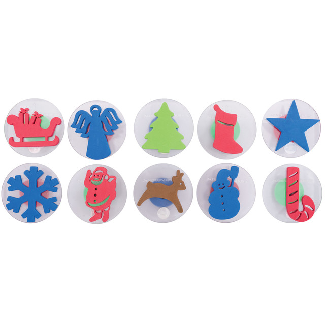 Decorate a Christmas craft using Learning Advantage Ready 2 Learn Giant Stampers. Unique designs leave bold imprints on paper, fabric and other media.  Stamps include an angel, pine tree, reindeer, sleigh, Santa, snowman, snowflake, stocking, candy cane and star.  Made from plastic with foam imprints.  Round, easy-grip handles are ideal for children.  Directional arrows ensure perfect alignment.