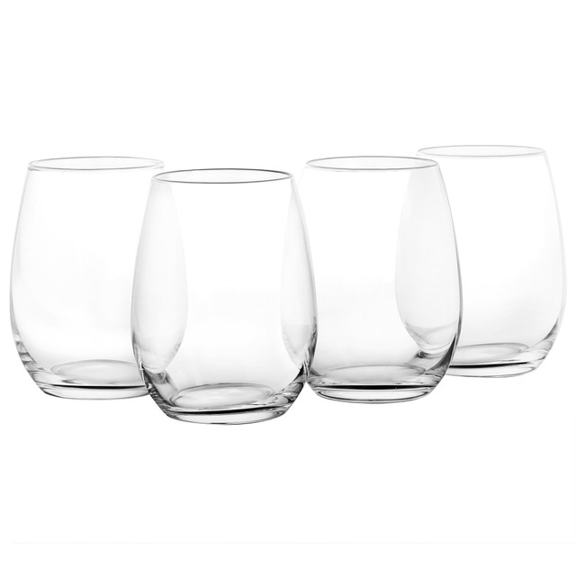 Pour some wine for your dinner guests with this Martha Stewart 4-Piece Stemless Wine Glass Set. This wine glass set features durable glass that is dishwasher safe so you can easily clean them after use.  Made from durable glass.  Rounded bulb shape for a sleek look.  Dishwasher safe.
