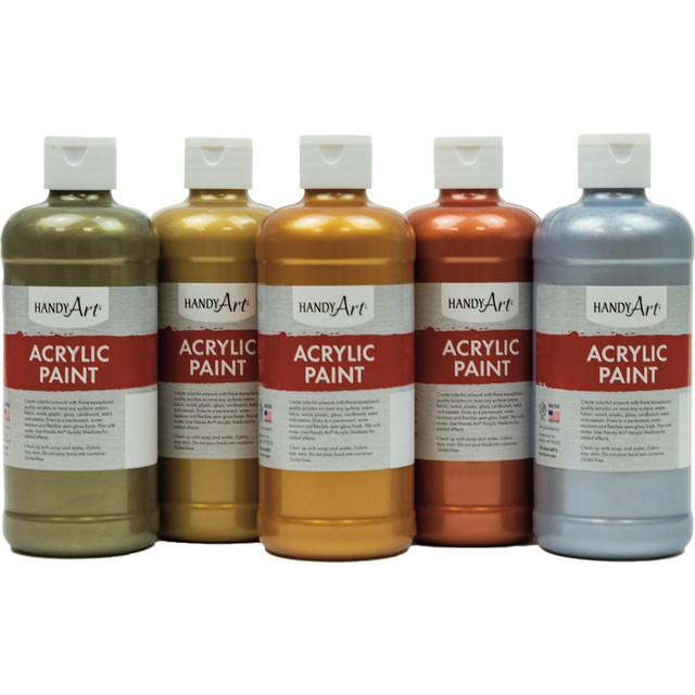 Make your art shine with the Handy Art Acrylic Paint Bottles. The acrylic paint produces a full spectrum of colors, making it suitable for application on most surfaces.  Acrylic paint produces a full spectrum of colors.  Suitable for use on paper, fabric, wood, plastic, glass, cardboard, metal and canvas surfaces.  Dries to a semi-gloss finish.  Water resistant for lasting use.  Does not contain latex, dairy, casein, soy, egg, gluten, peanut or tree nuts.  Nontoxic for safe usage.
