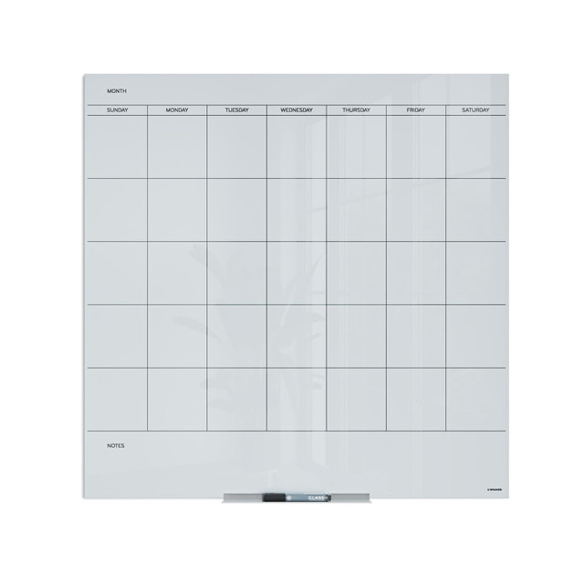 This white floating glass dry erase calendar board is a perfect and functional solution for the frequent and heavy usage areas of your office, school, home or any commercial space. The modern frameless feature enables you to hang multiple glass boards adjacent to each other and expand the writing surface to fit your custom space needs.  Premium tempered glass dry erase calendar surface never stains or ghosts. White frosted glass background creates high contrast with any color dry erase or glass markers.  Glass is the highest quality dry erase surface available. Perfect for heavy writing use in any office, home or commercial environment.  Modern frameless design includes hidden mounting brackets that give the impression that the board is floating on the wall.  Works well with all dry erase markers and liquid glass markers. Try U Brands dry erase markers for ultimate board performance.  Mounts horizontally, includes hassle-free mounting hardware and instructions.  Actual size 35in X 35in  Market Size 36in x 36in  Lifetime Warranty