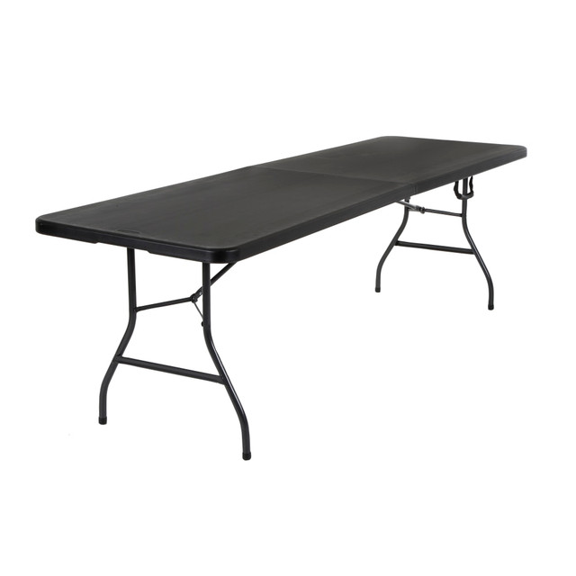 Expand your seating capabilities at your next big event with the COSCO Fold-in-Half Banquet Table With Handle. This dynamic table boasts an all-season top for use indoors and outdoors. The folding design allows for easy transport and storage.  HDPE molded top offers durability.  All-season utility table top is safe for indoor and outdoor use.  Folding table allows for easy storage.  Integrated comfort handle.  Secure lock keeps the table closed during transport.  Non-marring leg tips help to protect flooring.  Weight capacity tested to support 300 lb.  Save time - no assembly required.  Backed by the manufacturer's 1-year limited warranty.  ANSI/BIFMA Compliant - This product has been tested and verified for compliance with rigorous performance requirements and safety standards related to specific furniture products.
