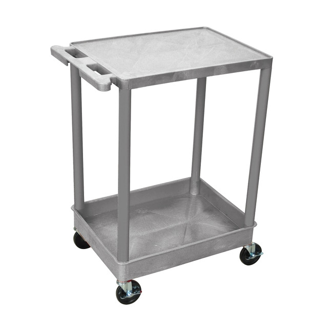Help prevent back and body strains in your facility with a multipurpose tub cart. Equipped to help you move items safely from room to room, this tub cart offers a variety of storage options and a design thats built to last.  Top shelf is reinforced with an aluminum bar for added strength and durability.  Integrated, molded handle helps you move your equipment safely and effortlessly.  Assembly required.  Includes 2 total shelves for convenient item placement.  Weight capacity tested up to 200 lbs.