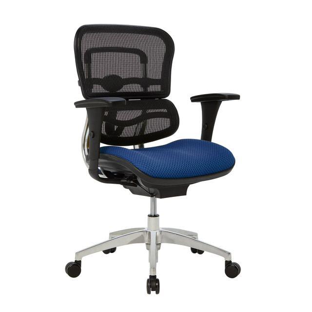 Whether you are working on a long-term project or something quick, the WorkPro 12000 Series Mid-Back Managers Chair delivers the comfort and support needed to get the job done. Lean back in the comfy office chair, which is crafted with a fabric seat for a soft feel and a mesh back, which helps promote airflow to keep you cool. The rugged nylon and aluminum frame offers reliability, while the lumbar feature of the back supports the natural curve of your spine. A waterfall seat cushion helps reduce the stress on your legs and the adjustable height, tilt and padded arms help you find the ideal configuration to suit your needs, so you stay fresh and focused.  Ergonomic design allows for comfort.  Recommended for professional use 8-10 hours per day.  Weight capacity tested to support 275 lb.  Lumbar support.  Waterfall seat cushion.  Nylon and aluminum frame.  Mesh back office chair boasts fabric seat upholstery.  1-touch height adjustment with weight-activated mechanics.  Backrest adjusts in height.  Adjustable tilt angle with tilt lock.  6-position adjustable padded armrests.  Assembly required.  Black mesh back office chair features a royal blue seat, black frame and chrome base.  Seat is upholstered with premium fabric - a thicker and heavier woven fabric for added durability.  Backed by the manufacturers limited lifetime warranty.  GREENGUARD certified - certified for low chemical emissions: UL.COM/GG - UL 2818. Ranked in two tiers: Certified and Gold.  ANSI/BIFMA Compliant - This product has been tested and verified for compliance with rigorous performance requirements and safety standards related to specific furniture products.  Less harsh chemicals - made with fewer harsh chemicals, or safer chemicals than typical alternatives, helping  reduce your use of and exposure to substances that may be more harmful to your health and the environment.