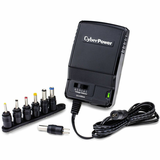 Use the CyberPower 600mA Universal 120-Volt AC Power Adapter as a replacement AC adapter or alternative for batteries in your portable radio, smartphone, MIDI equipment, electronic gaming system or home office equipment. The  Offers a 600mA, 120V AC, 150W output.  Supports 3V, 4.5V, 6V, 7.5V, 9V and 12V.  Provides a voltage selector and a positive or negative polarity selector.  Features 7 adapter tips for use with different electronics.  Offers overload protection for safe use.  Folding AC plug for convenience.  Backed by the manufacturers 1-year limited warranty.  Features a 5ft cord for ample reach.