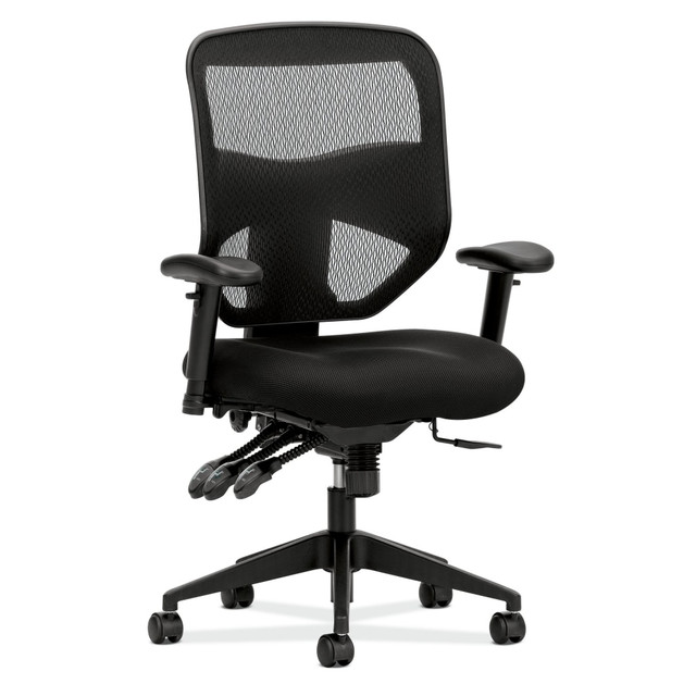 This HON Prominent high-back chair with mesh has center-tilt with lock and tension control. A mesh back, waveform seat and height-adjustable padded arms give this chair an upscale feel at a compelling price.  Ergonomically sculpted for support, priced for affordability.  Polyester seat upholstery is abrasion resistant.  Back is breathable mesh for exceptional comfort.  Wave-formed seat helps align users legs and hips for long-lasting comfort.  Adjustable-height arms move up and down for shoulder and upper body support.  Center-tilt mechanism rotates the seat from a point at the center to comfortably recline.  Tilt tension controls the rate and ease of recline.  Upright tilt lock secures the chair in the full upright position.  Pneumatic seat height adjustment moves the seat up and down to adapt to various body heights.  Five-star base is molded from reinforced resin for increased durability.  Durable 100% polyester seat upholstery with Nano-Tex soil and stain protection in Black.  Back is breathable mesh for exceptional comfort  color is Black.  Contoured mesh seat cushion includes two layers of padding for greater comfort.  Deeply contoured seat and back and adjustable arms provide outstanding all-day support for task work.  Breathable woven mesh back conforms to the upper body for added comfort.  Adaptable design for professional, administrative and technology functions as well as meeting spaces.