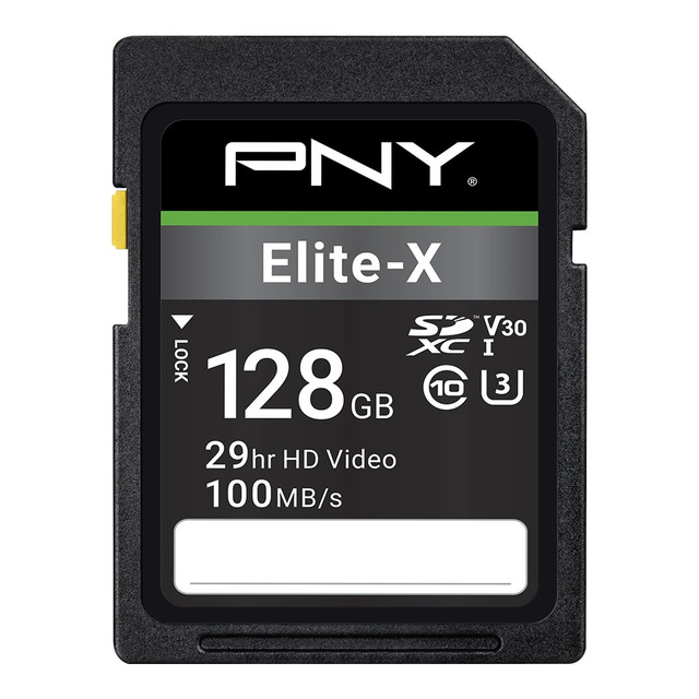 Capture stunning photographs and 4K Ultra HD videos with this PNY Elite-X SDXC Memory Card. The 128GB memory card is outfitted with a Class 10, U3, V30 speed rating to deliver read speeds at up to 100 MB/s, which makes it ideal for photography and videography enthusiasts. The card is designed to be compatible with most SDXC-enabled point-and-shoot cameras, DSLR cameras and more.  Compatible with point-and-shoot cameras, DSLR cameras, standard and advanced HD-enabled video cameras and other devices with an SDXC card slot.  Class 10, U3, V30 speed rating delivers fast read speeds of up to 100 MB/s. Ideal for burst mode HD photography and 4K Ultra HD videography.  V30 video speed class is designed to handle 4K Ultra HD video at 4096 x 3072 resolution.  Magnet-, shock-, temperature- and waterproof construction for durability.  Backed by the manufacturers limited lifetime warranty.
