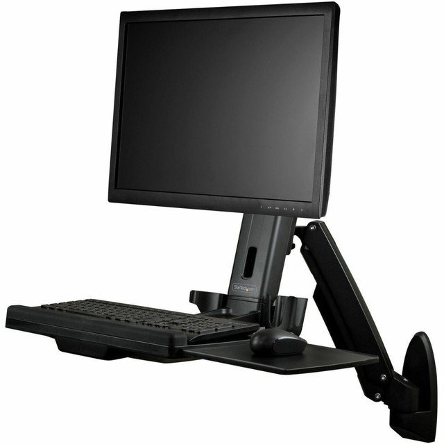THOUGHTFUL DESIGN: Integrated cable management for monitor & keyboard tray; Individual holders for mouse & handheld scanner; High quality finish w/ decorative cover for the base plate that attaches to wall  FOLDABLE WORKSTATION: Stow away when not in use (13.1in profile); Secure computer keyboard w/ adhesive strip, includes mouse tray; Articulating arm allows monitor to extend 22in & keyboard tray 38in from wall  RANGE OF MOTION: Display has +35/-5 deg. vertical tilt, 360 deg. rotation; Keyboard & mouse tray tilts 90 deg.; Raise workstation (monitor, keyboard and mouse) with 17.2in one-touch adjustable height; Adjustment tools incl.  FULL ARTICULATION: Full workstation can swivel +/-90 deg., tilt +65/-30 deg.; When workstation is ideally positioned, the monitor has additional one-touch height adjustment along the 4.9 deg. track  WALL-MOUNT WORKSTATION: Ergonomic standing desk with a VESA compatible (75x75/100x100mm) single monitor arm supports any display including Ultrawide up to 17.6lb (8kg); Wall-mounted sit-stand workstation with keyboard and mouse tray