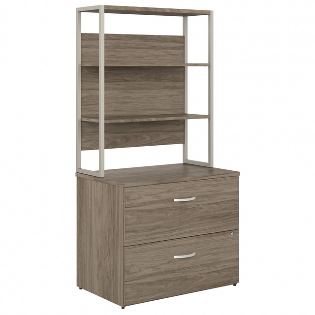 The Hybrid 2-Drawer Lateral File Cabinet with Shelves presents a commercial-quality office storage solution with style that appeals to the modern professional. Organize paperwork, reference materials and more with a bookcase file cabinet.  Bundle includes: 2-Drawer Lateral File Cabinet, 36inW Bookcase Hutch.  File drawers open on smooth full-extension ball bearing slides for an effortless reach to letter-, legal- and A4-size paperwork.  Filing cabinet features a single lock that secures both drawers to protect sensitive information.  Open shelves are perfect for organizing books or brightening up your space with pictures and decorations.  Thoughtfully designed for maximum stability and includes hardware to anchor the Lateral File Cabinet with Shelves to a wall.  Each drawer can hold up to 88 lb of materials while shelves support up to 50 lb each.  Available in your choice of Black Walnut, Modern Hickory, Platinum Gray, Storm Gray and White finish options.  See the full line of Hybrids modern office furniture, including Desks, Storage Cabinets and Mobile File Cabinets.  Tested to meet ANSI/BIFMA Performance Standards - Manufacturer testing has been conducted on this product to meet specific performance requirements and safety standards set forth by the American National Standards Institute (ANSI) and the Business and Institutional Furniture Manufacturers.  This product is heavy and/or oversized and may need more than one person to handle.