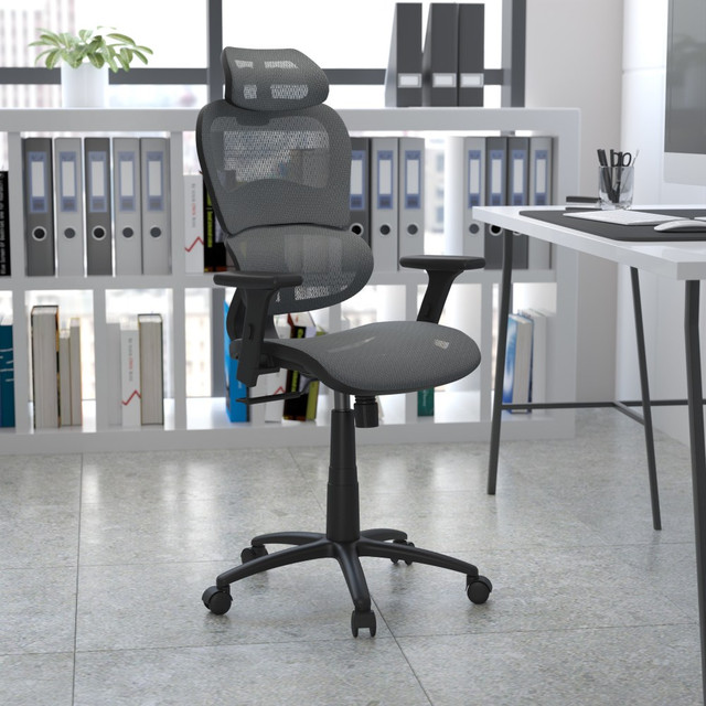 Modernize your work space with the Flash Furniture High-Back Office Chair. An adjustable headrest and armrests help you stay comfortable and supported as you make your way through your workflow. This executive office chair boasts breathable mesh upholstery so you stay cool as you make calls, conduct research and type emails.  Overall Dimensions: 51-3/4inH x 28inW x 37-1/2inD.  Weight capacity tested to support 250 lb.  High back.  Padded seat.  Ventilated mesh upholstery.  Lumbar support.  Waterfall seat.  Modern office chair with built-in adjustable headrest.  Seat height adjustments.  3-position synchro tilt.  Adjustable armrests.  360 deg. swivel.  5-star nylon base with dual-wheel casters.  Assembly required.  Tested to meet ANSI/BIFMA Performance Standards - Manufacturer testing has been conducted on this product to meet specific performance requirements and safety standards set forth by the American National Standards Institute (ANSI) and the Business and Institutional Furniture Manufacturers.