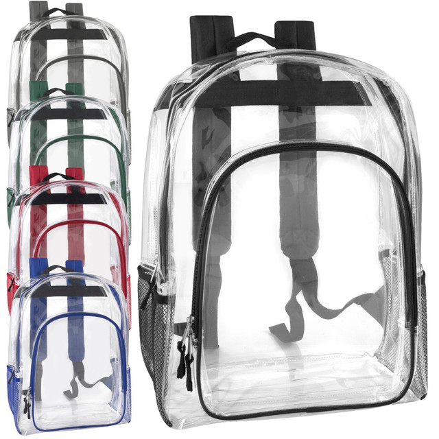 Help make sure students have everything they need with these Trailmaker Deluxe Clear Backpacks With Side Pockets. The backpacks are made of clear PVC that is water-resistant, and they offer 2 large pockets and 2 side mesh pockets to bring the essentials.  Made of water-resistant PVC to handle daily use.  Large main compartment to store school supplies.  Offers 2 side mesh pockets and a large front zippered pocket for accessories.  Padded straps are adjustable to help you find the right fit.  Backed by the manufacturers 30-day limited warranty.