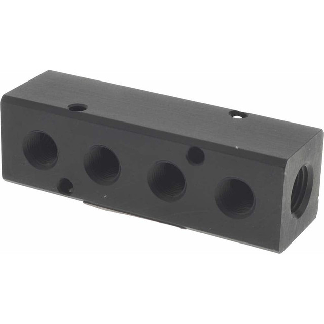 MSC PCM10-125R-06BW Manifold: 1/4" Inlet, 1/8" Outlet, 2 Inlet Ports, 6 Outlet Ports, 9.25" OAL, 1" OAW, 1" OAH