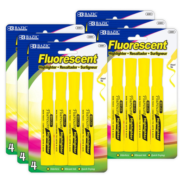 BAZIC PRODUCTS BAZIC Products® Desk Style Fluorescent Highlighters, Yellow, 4 Per Pack, 6 Packs