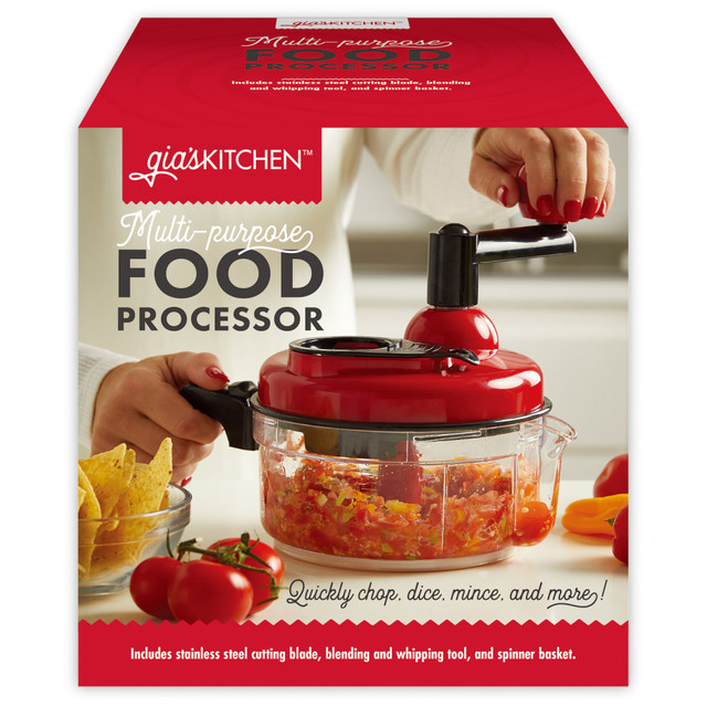 Use the giasKITCHEN Multipurpose 1-Speed Manual Hand Food Processor in your kitchen as an alternative to an electric chopper. This manual chopper can easily chop, mix or beat any food. It is made with BPA-free plastic and stainless steel blades for durability and precise cutting.  Manual chopper is an ideal alternative to an electric chopper in the kitchen that doesn"t rely on electricity.  Simply spin the handle until your food is at your desired consistency.  Can effortlessly chop, mix or beat any food.  Made with BPA-free plastic and stainless steel blades for precise and fast cutting.  Spout lets you easily pour excess liquid from your food.  Dishwasher safe, but hand washing is recommended to keep the blade edges sharp.  Includes stainless steel cutting blade, blending and whipping tool and spinner basket.  Spacious 4-cup capacity.