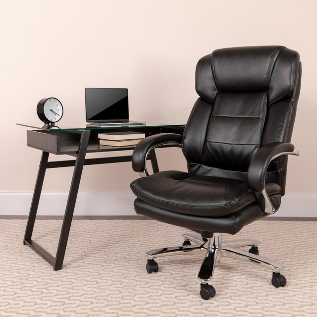 Made with fire-retardant foam padding, this office chair keeps you comfortable and can be used in a wide range of work environments. The chair features seat-height adjustments and tilt tension adjustments, allowing you to find the best position for your current task.  Overall Dimensions: 45in to 49inH x 28inW x 31inD.  Weight capacity tested to support 500 lb.  Lumbar feature supports your lower back and enhances the natural curve of your spine.  Contoured back and seat are made with 4in of thick, fire-retardant foam padding.  High-back design offers a headrest to relax your neck.  Pneumatic seat-height adjustment is great for users of different sizes.  Tilt lock and tilt tension adjustments to help you find the right angle.  Padded loop arms.  Heavy-duty chrome base features dual-wheel casters for mobility.  Swiveling design.  Assembly required.  Tested to meet ANSI/BIFMA Performance Standards - Manufacturer testing has been conducted on this product to meet specific performance requirements and safety standards set forth by the American National Standards Institute (ANSI) and the Business and Institutional Furniture Manufacturers.  Faux Leather is a synthetic material. See specs for details.