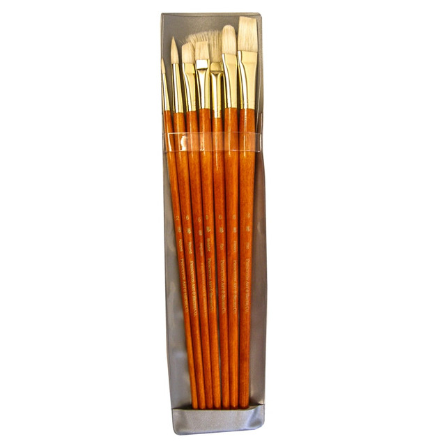 Great brush set for students and amateurs  Long orange wooden handles with a golden ferrule provide an attractive look.  Made with firm natural bristles.  Use with oils and acrylics.  Set contains 7 long-handled bristle brushes: 2 round brushes (sizes 2 and 6), 1 size 6 bright brush, 1 size 8 filbert brush, 1 size 10 flat brush, 1 size 6 fan brush and 1 size 6 angular brush.