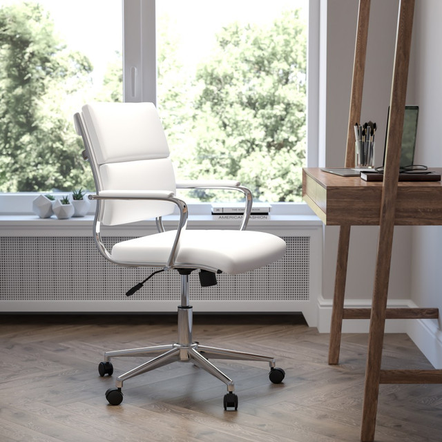 Round out your work space with a Flash Furniture LeatherSoft Mid-Back Contemporary Office Chair. This modern office chair fits right into the office of a modern professional, helping you stay comfortable and on task throughout the day. Utilize seat height and tilt adjustments to find the perfect position for viewing your monitor, taking notes and answering calls.  Overall Dimensions: 40-1/4inH x 27-1/4inW x 27-1/4inD.  Weight capacity tested to support 250 lb.  Mid back office chair.  Coat hanger bar on back.  Fire-retardant foam padded seat.  LeatherSoft upholstery.  Lumbar support.  Seat height adjustments.  Tilt tension and lock adjustments.  Padded armrests.  360 deg. swivel.  5-star base with dual wheel casters.  Assembly required.  Tested to meet ANSI/BIFMA Performance Standards - Manufacturer testing has been conducted on this product to meet specific performance requirements and safety standards set forth by the American National Standards Institute (ANSI) and the Business and Institutional Furniture Manufacturers.  Faux Leather is a synthetic material. See specs for details.