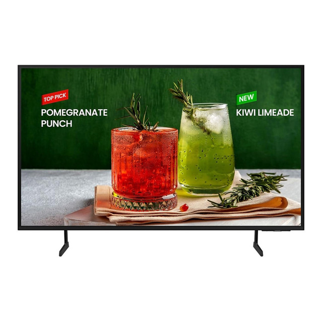 Add a professional touch to your space with a Samsung BED-H Series 50in LED 4K Business TV. The bright UHD screen displays your menu, monthly sales or upcoming events in high clarity. Integrated Wi-Fi and Bluetooth 5.2 technology make it simple to upload content.  Geared toward business applications.  UHD 4K (3840 x 2160) native resolution with 300 nits of brightness.  Features HDR10+ support for colorful and detailed images.  Edge-LED LCD panel offers a professional appearance.  Built-in Wi-Fi and Bluetooth 5.2 technology.  Powered by Samsungs Tizen OS for business.  Includes 3 HDMI inputs and a RF Coax TV Antenna input.  Capable of a 16/7 duty cycle.  Backed by the manufacturer"s 3-year limited warranty.