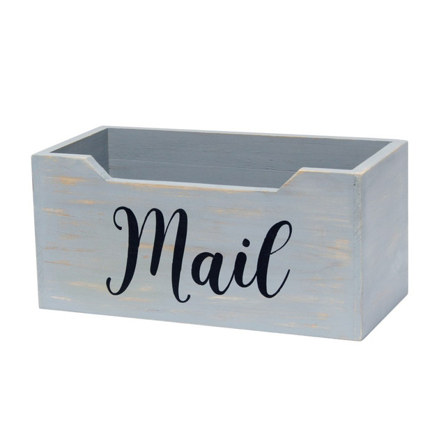 Keep mail organized neatly within the Elegant Designs Tabletop Decorative Script Word Organizer Box. This durable wooden box holds up to 900 pieces of mail at once.  Made from durable wood.  Holds up to 900 sheets.  "Mail" is written across the box in script.
