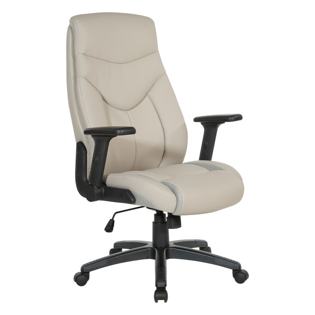 Get your work done in comfort thanks to the Office Star Ergonomic Leather High-Back Executive Office Chair. This adjustable chair boasts height, tilt and armrest adjustments to help you find your ideal working position. The Office Star chair is designed with a padded contoured seat and lumbar support for comfort, while the bonded leather material provides a soft touch  Ergonomic office chair allows for comfort throughout the day.  Recommended for professional use 8-10 hours per day.  Weight capacity tested to support 275 lb.  Overall Dimensions: 48-1/2in x 28-3/4inW x 27-1/2inD.  High back.  Built-in lumbar support.  Bonded leather and faux leather upholstery.  Waterfall seat.  Pneumatic seat height adjustments.  Locking tilt control and adjustable tilt tension.  Height-adjustable, flip armrests.  Swivel seat.  Heavy-duty nylon base with dual wheel carpet casters.  Assembly required.