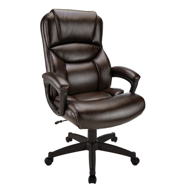 Make long hours at your desk more manageable with this Realspace bonded leather Fennington chair. This executive chair reclines easily, and features tilt-lock and swivel functions sure to maximize comfort. The dual-wheel casters allow for easy movement around your office, while the waterfall seat cushion and padded arms provide comfort.  High-back design with lumbar support helps relieve strain.  Pneumatic height adjustment allows for simple customization.  Bonded leather material wipes easily for simple maintenance.  Forest Stewardship Council (FSC) certified - made from wood/paper that comes from forests managed to rigorous environmental and social standards, supported by the worlds leading conservation organizations.  ANSI/BIFMA Compliant - This product has been tested and verified for compliance with rigorous performance requirements and safety standards related to specific furniture products.  Leadership forestry - from forests or sourcing programs that meet specific environmental standards, helping you support practices that better protect forests and the environment.