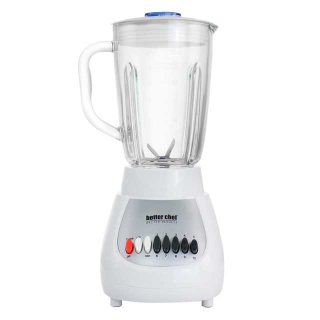 Enjoy your favorite drinks and sauces made with the Better Chef 10-Speed Blender. This blender boasts 10 speed options that let you take on various blending tasks with ease.  Boasts 10 speed function.  ABS polymer housing, glass jar and stainless steel blade for durable construction.  5-cup capacity.  Removable filler cap lets you add ingredients while blending.  Dishwasher safe jar and wipe clean base for easy clean up.  Hand wash lid and blade.  Bottom cord storage for convenience.  Includes electric base, 42 Oz glass jar, lid with removable filler cup and 4-point stainless steel twist-on blade piece.  Backed by the manufacturers 1-year limited warranty.