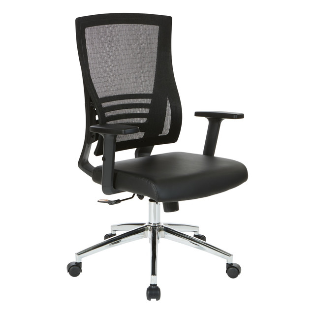 Stay on top of your workload when you are seated in the Office Star WorkSmart Screen-Back Leather Manager Chair. A waterfall seat and lumbar support technology combine to reduce stress on your lower back and legs, helping you reduce fatigue at the end of each day. Utilize the seat height and tension control adjustments to find the perfect position to accomplish each and every task.  Overall Dimensions: 44inH x 28inW x 25inD.  Weight capacity tested to support 250 lb.  Chrome base.  Lumbar support.  Waterfall seat.  Polyester mesh back.  Bonded leather seat.  Pneumatic 1-touch height adjustments.  Tension control adjustments.  Padded, adjustable armrests.  Rolling wheels.  Some assembly required.