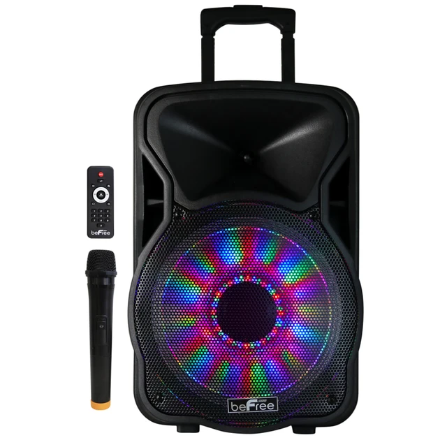 Turn any party into a karaoke session with the BeFree Sound Bluetooth Portable Party PA Speaker. A microphone input, karaoke mode and illuminating lights set the stage for a night you wonT forget.  12in speaker offers dynamic sound.  Bluetooth capabilities allow you to connect your phone or tablet to the speaker to stream music easily.  2500W output.  AUX-in, USB, SD and microphone inputs.  Karaoke function lets you sing with friends.  Illuminating lights brighten the party.  Handle bars and wheels allow for easy portability.  Rack mountable.  2200mAH battery gives 6-8 hours of sound before a recharge is needed.  Backed by the manufacturer"s 90-day limited warranty.