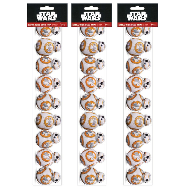 The Eureka Extra Wide Die Cut Deco Trim Packs will add a finishing touch to your classroom. Use these acid-free paper strips as borders to your displays, windows, chalkboards and more.  Made of acid-free paper.  Extra-wide design.  Helps decorate your classroom, bulletin boards and more.  Each BB-8 pack contains 12 strips, for a total of 37ft.