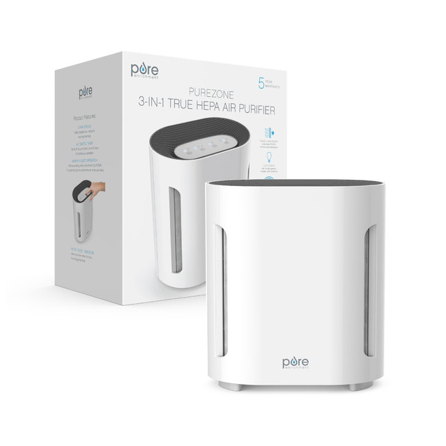 Help reduce airborne particles in your air with this multi-stage air purifier from Pure Enrichment. Remove up to 99.97% of pet dander, smoke, odors and pollen from the air.  Multi-stage air purifier offers air purification for rooms up to 200 sq. ft.  3-stage air filtration combines a pre-filter, activated carbon filter and HEPA filter into 1.  UVC air purifier eliminates up to 99.97% of particles as small as 0.3 microns.  3 speed settings.  UV-C light adds deep air sanitation by eliminating germs, viruses and bacteria.  Quiet air purifier has a low noise level of just 30dB.  Optional automatic timer can shut the unit off after 2, 4 or 8 hours of use.  ETL listed.  Backed by the manufacturer's 5-year limited warranty.