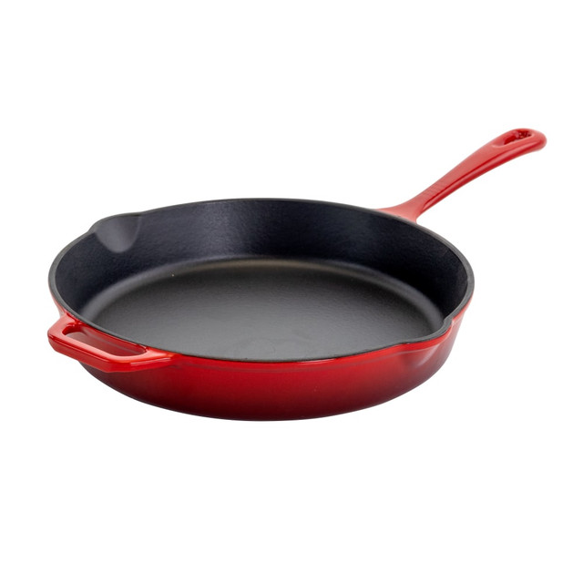 Serve up your favorite meals in the MegaChef Cast Iron Skillet. Its non-stick surface makes cooking a breeze, and the high-quality cast iron construction becomes more seasoned after each use.  High-quality cast iron construction.  Non-stick surface.  Sturdy handle.