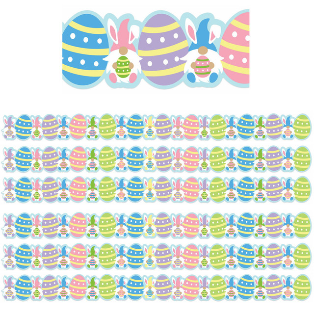 Add a decorative touch almost anywhere with the Eureka Extra Wide Deco Trim Packs. These extra wide acid-free paper strips can be used as borders on bulletin boards, doors and more.  Made of acid-free paper.  Extra wide design.  Helps liven up your classroom, bulletin boards and more.  Easter-themed gnome design.