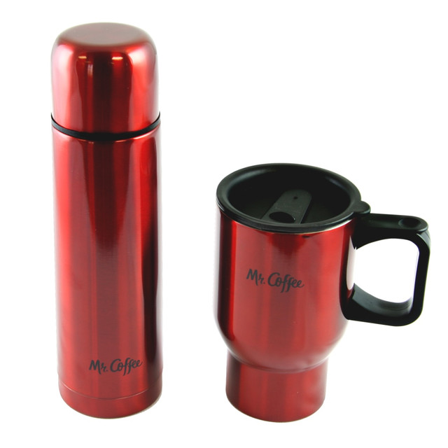 Great for hot and cold beverages, this Mr. Coffee Javelin 2-Piece Set lets you enjoy your favorite drinks for extended periods of time. Crafted from stainless steel with double-wall vacuum insulation, the thermos and travel mug in this set make it easy to enjoy your favorite drinks while you are on the go.  Double-wall vacuum insulation helps keep beverages at the ideal temperature.  Thermos holds up to 16 oz and the travel mug holds up to 15 oz of your favorite beverages.  Stainless steel construction offers durability.  Travel mugs slide-lock lid makes it easy to open and close while you are on the go.  Designed to fit most car cup holders.  Finished in red.  Reusable & avoids disposables - designed to be used repeatedly, helping you avoid single-use disposables and potentially save money.