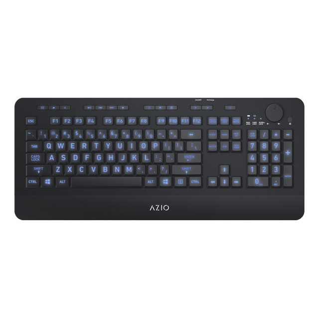 Ensure your keyboard is always visible with the Azio Vision KB510W Large Font Wireless Keyboard. Large font keys are up to 4x larger than traditional keyboards, and LED backlighting allows you to see easily in low-light conditions.  Compatible with virtually any device.  Connect to your computer via Bluetooth wireless.  Optional 2.4 GHz RF connection via USB is available.  Built-in 2,000 mAh Lithium-ion battery.  Large font keys are up to 4 times larger than conventional keyboards.  LED backlighting helps you see keys easily in the dark.  Includes a backlight color toggle button and volume adjustment wheel.